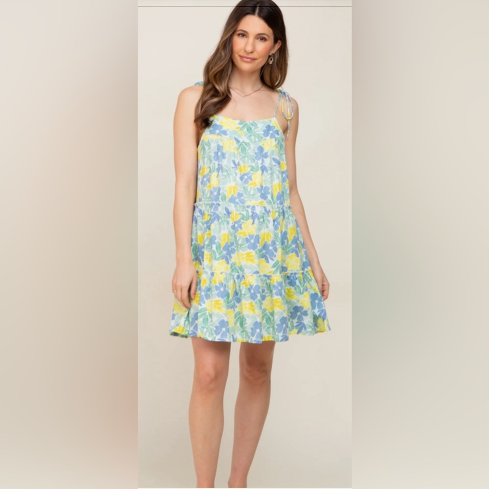 En Creme Lime Tropical Floral Tiered Shoulder Tie Dress | NWT